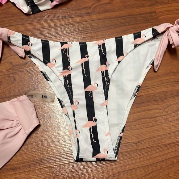 Mommy and me Striped & Flamingo Print Tie Side Bikini Swimsuits - Picture 11 of 16